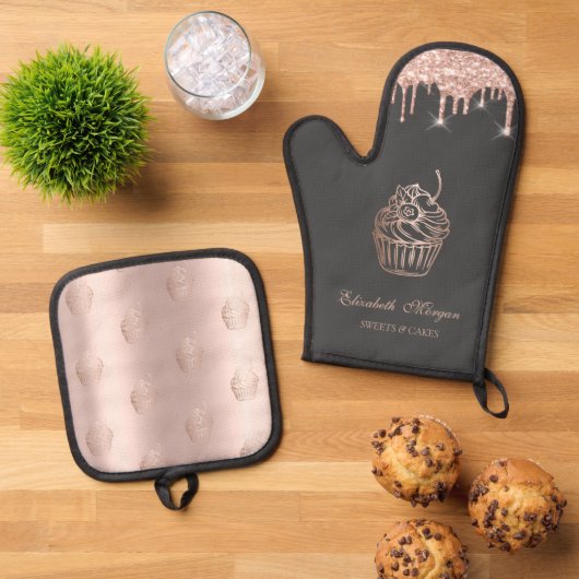 Chic Süßigkeiten Cupcake Rose Gold Tropfen Bäckere Ofenhandschuh & Topflappen-Set (Oben Unten)