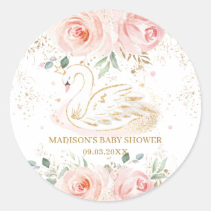 Chic Swan Blush Pink Bloral Baby Dusche Geburtstag Runder Aufkleber