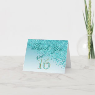 Chic Sweet 16 Aquamarin Blue Glitzer Vielen Dank Dankeskarte