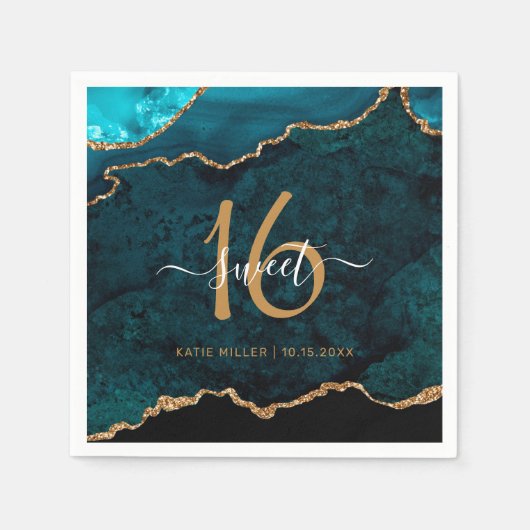 Chic Sweet 16 Aquamarin Gold Agate Individuelle Na Serviette (Vorderseite)