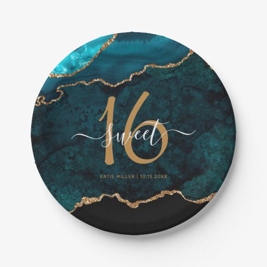 Chic Sweet 16 Aquamarin Gold Glitzer Agate Party Pappteller (Vorderseite)