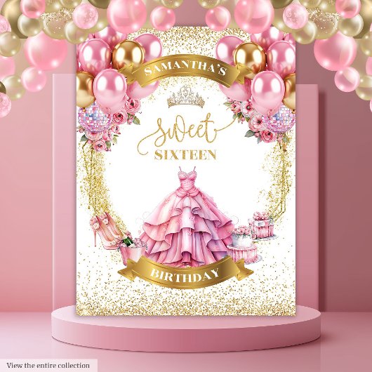 Chic Sweet 16 Banner Pink Gold Balloons Glitzer Wandteppich