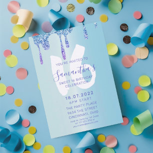 Chic Sweet 16 Blau & Glitzer-Tropfen Geburtstag Einladung