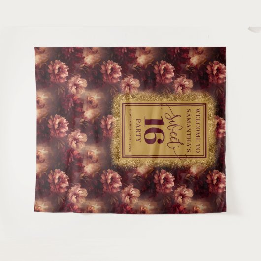 Chic Sweet 16 Blush Burgundy Gold Party Banner Wandteppich (Vorderseite (Horizontal))
