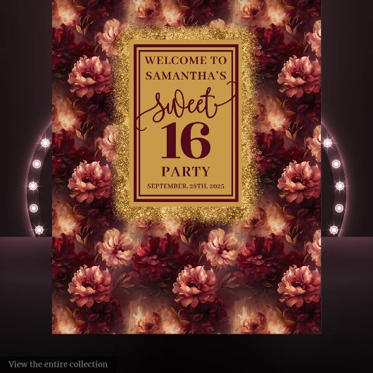 Chic Sweet 16 Blush Burgundy Gold Party Banner Wandteppich