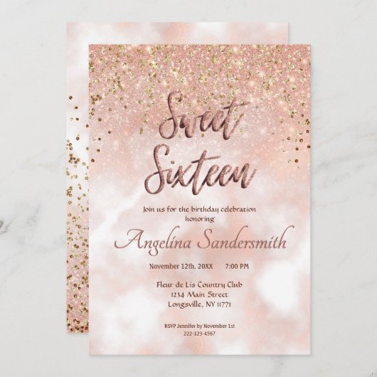 Chic Sweet 16 Blush Pink Rose Gold Glitzer Einladung (Vorne/Hinten)