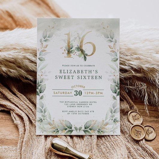 Chic Sweet 16 Botanical Greenery Gold Geburtstag Einladung