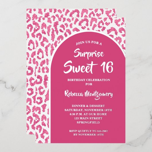 Chic Sweet 16 Leopard Print Birthday Silver Folieneinladung (Vorderseite/Rückseite)