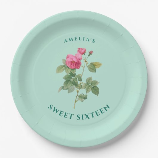 Chic Sweet 16 Mint Green Floral Botanical Pappteller (Vorderseite)