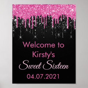 Chic Sweet 16 Pink Black Glitzer Party Willkommens Poster