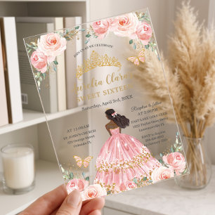 Chic Sweet 16 Rosafarbenes Florales Braunes Prinze Acryleinladungen