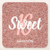 Chic Sweet 16 Rose Gold Pink Glitzer Personalisier Rechteckiger Pappuntersetzer (Vorderseite)