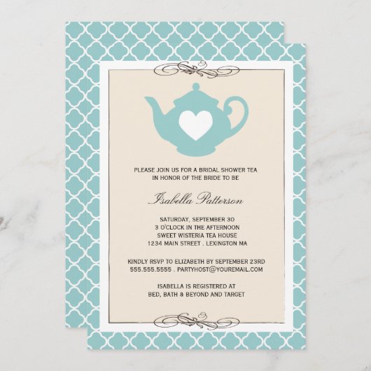 Chic Tan & Aquamarin Teapot Brautparty Tee Party Einladung (Vorne/Hinten)