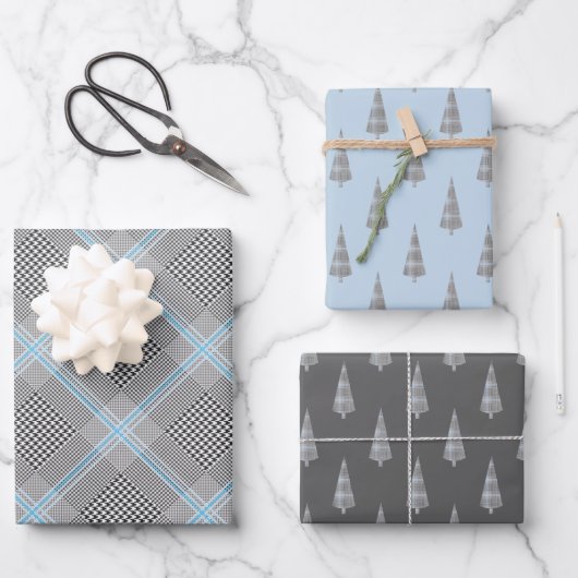 Chic Tartan Blue Gray Black Pattern Geschenkpapier Set (Vorderseite)
