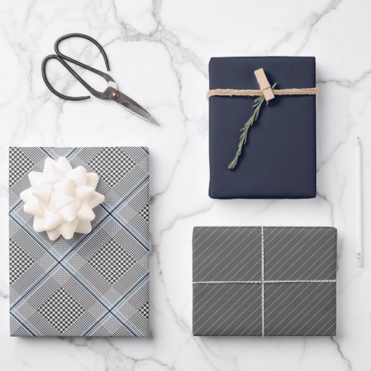 Chic Tartan Blue Gray Black Pattern Geschenkpapier Set (Vorderseite)