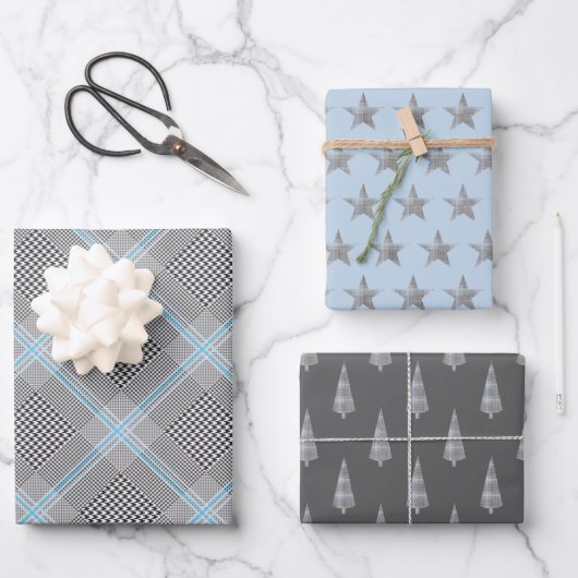 Chic Tartan Blue Gray Black Pattern Geschenkpapier Set (Vorderseite)