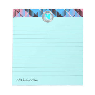 Chic Tartan Custom Schrift Monogramm Cyan Lined Notizblock