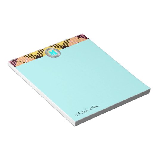 Chic Tartan Metallic Custom Script Monogram Cyan Notizblock (angewinkelt)