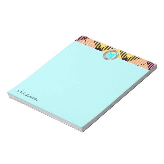 Chic Tartan Metallic Custom Script Monogram Cyan Notizblock (Rotiert)