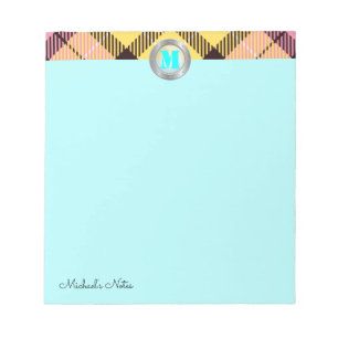 Chic Tartan Metallic Custom Script Monogram Cyan Notizblock