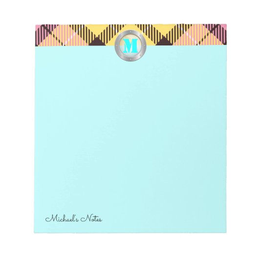 Chic Tartan Metallic Custom Script Monogram Cyan Notizblock (Vorderseite)