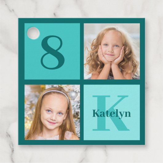 Chic Teal Birthday Party Custom Photo Collage Geschenkanhänger (Vorderseite)