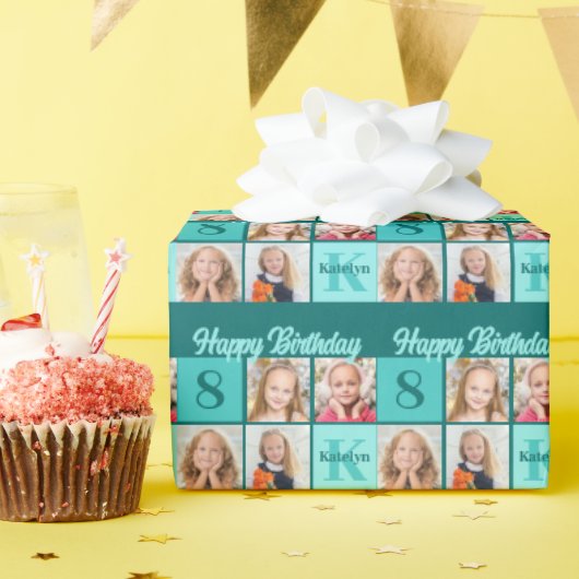 Chic Teal Birthday Party Custom Photo Collage Geschenkpapier (Geburtstagsparty)