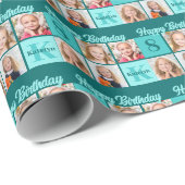 Chic Teal Birthday Party Custom Photo Collage Geschenkpapier (Rolleneckpunkt)