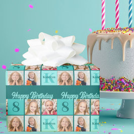 Chic Teal Birthday Party Custom Photo Collage Geschenkpapier