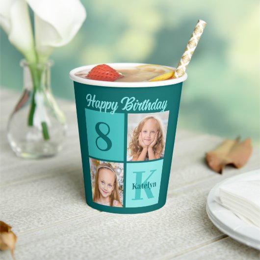 Chic Teal Birthday Party Custom Photo Collage Pappbecher (In Situ)