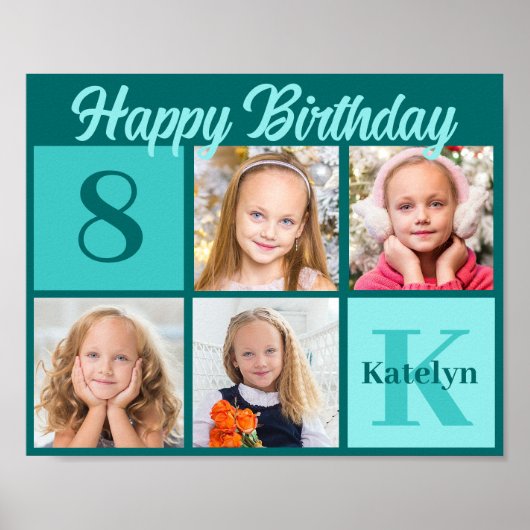 Chic Teal Birthday Party Custom Photo Collage Poster (Vorne)