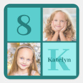 Chic Teal Birthday Party Custom Photo Collage Quadratischer Aufkleber (Vorderseite)
