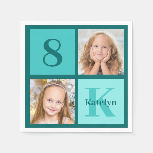 Chic Teal Birthday Party Custom Photo Collage Serviette (Vorderseite)