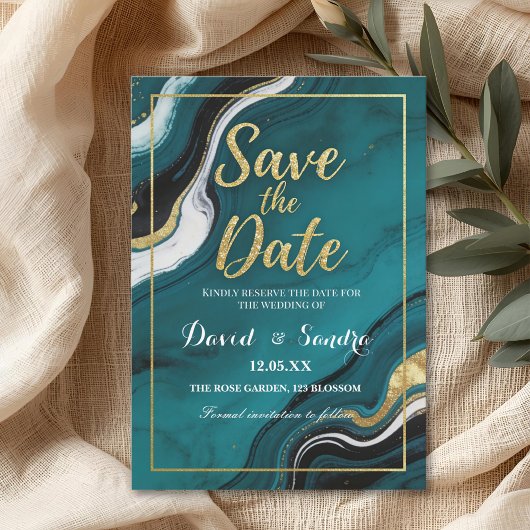 Chic Teal Gold Achat Marmor Moderne Hochzeit  Save The Date