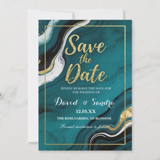 Chic Teal Gold Agate Marble Modern Wedding  Save The Date (Vorderseite)