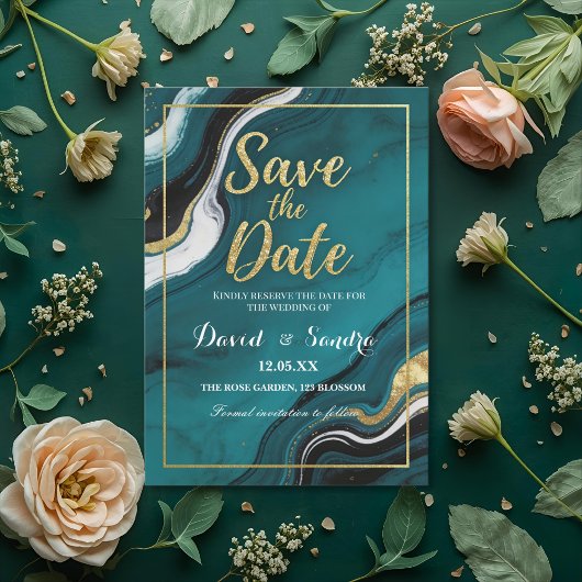 Chic Teal Gold Agate Marble Modern Wedding  Save The Date