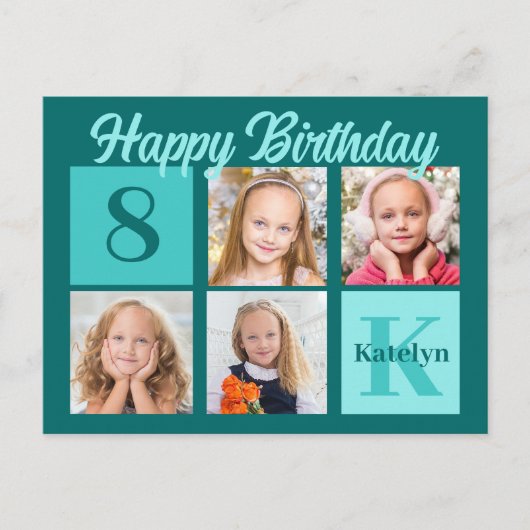 Chic Teal Happy Birthday Custom Photo Collage Postkarte (Vorderseite)