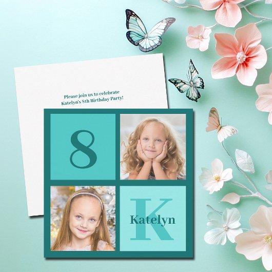Chic Teal Photo Collage Custom Birthday Party Einladung