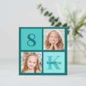 Chic Teal Photo Collage Custom Birthday Party Einladung (Stehend Vorderseite)