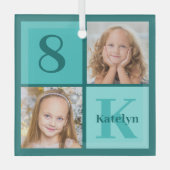 Chic Teal Photo Collage Personalized Christmas Ornament Aus Glas (Vorderseite)