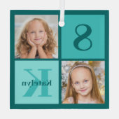 Chic Teal Photo Collage Personalized Christmas Ornament Aus Glas (Rückseite)