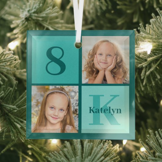 Chic Teal Photo Collage Personalized Christmas Ornament Aus Glas (Insitu)