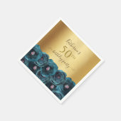 Chic Teal Rose Floral Gold 50th Birthday Party Serviette (Ecke)