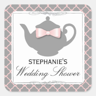 Chic Teapot Pink + Graue Brautparty Teeaufkleber Quadratischer Aufkleber