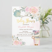 Chic Teekanne Tasse Pink Blume Babydusche Einladung (Stehend Vorderseite)