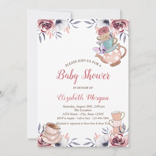 Chic Teekanne Teetasse Blumentee Party Babydusche Einladung (Vorderseite)