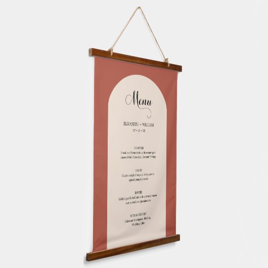 Chic Terracotta Arch Frame Skriptmenü Hochzeit Wandteppich Mit Holzrahmen (Gewinkelt)