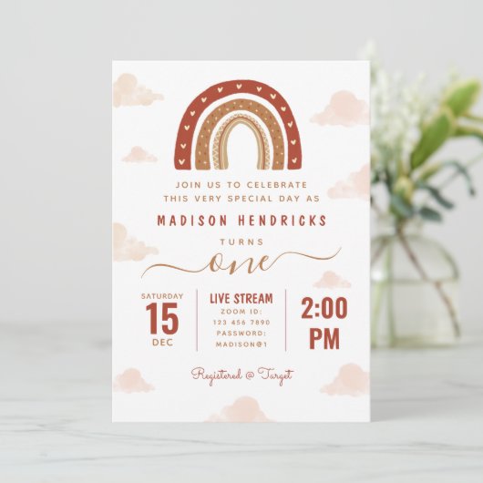 Chic Terracotta Boho Regenbogenwolken Geburtstag Einladung (Stehend Vorderseite)
