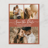 Chic Terracotta Script Foto Collage Save the Date Ankündigungspostkarte (Vorderseite)