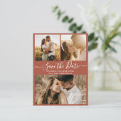 Chic Terracotta Script Foto Collage Save the Date Ankündigungspostkarte (Stehend Vorderseite)